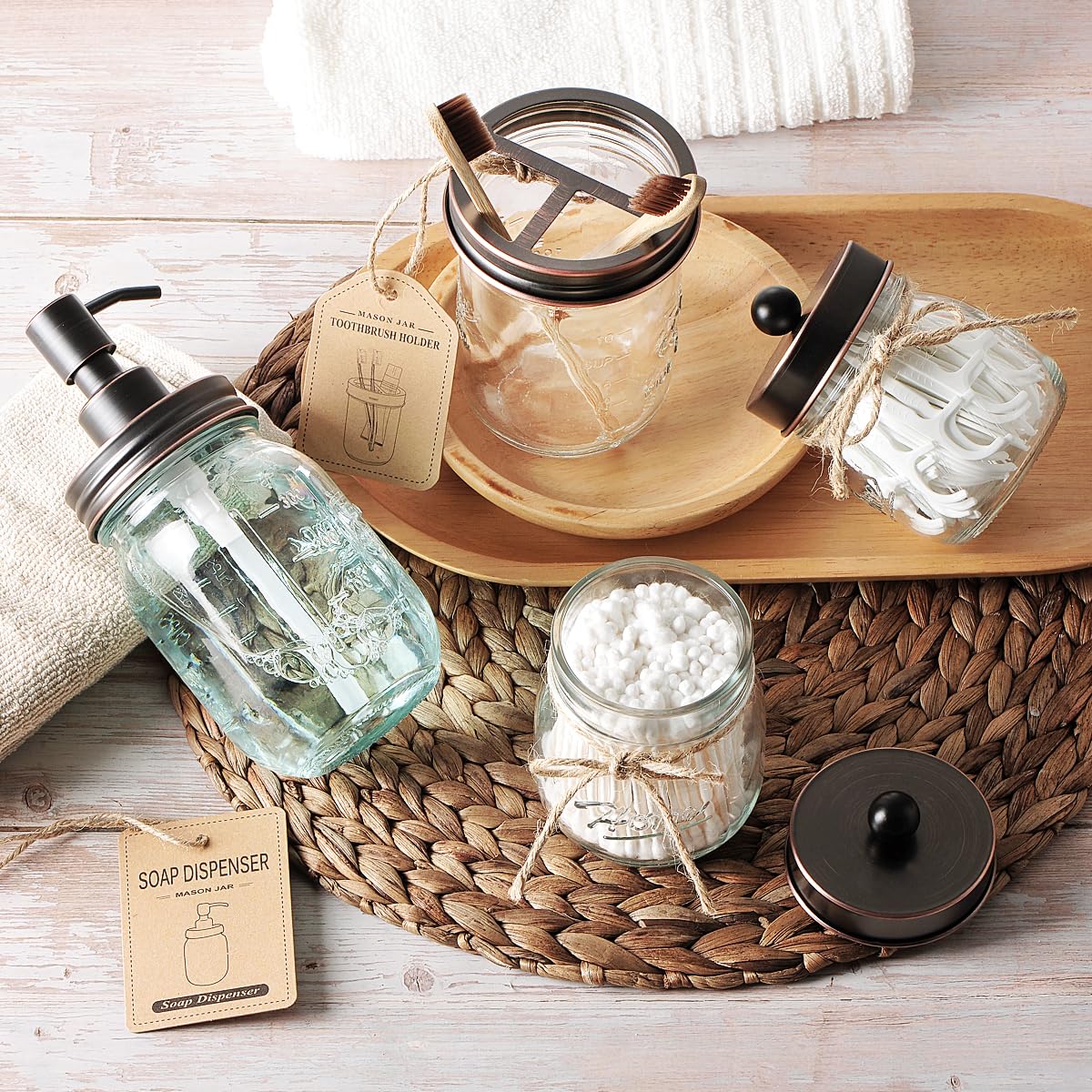 Amolliar Mason Jar Bathroom Accessories Set 4 Pcs -Lotion Soap Dispenser & 2 Qtip Holders & Toothbrush Holder - Rustic Farmhouse